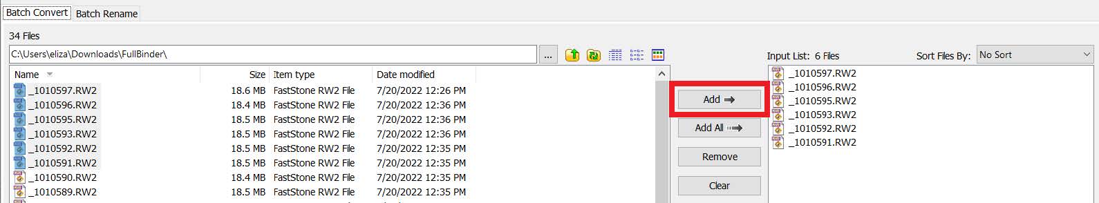 Add button in batch convert screen